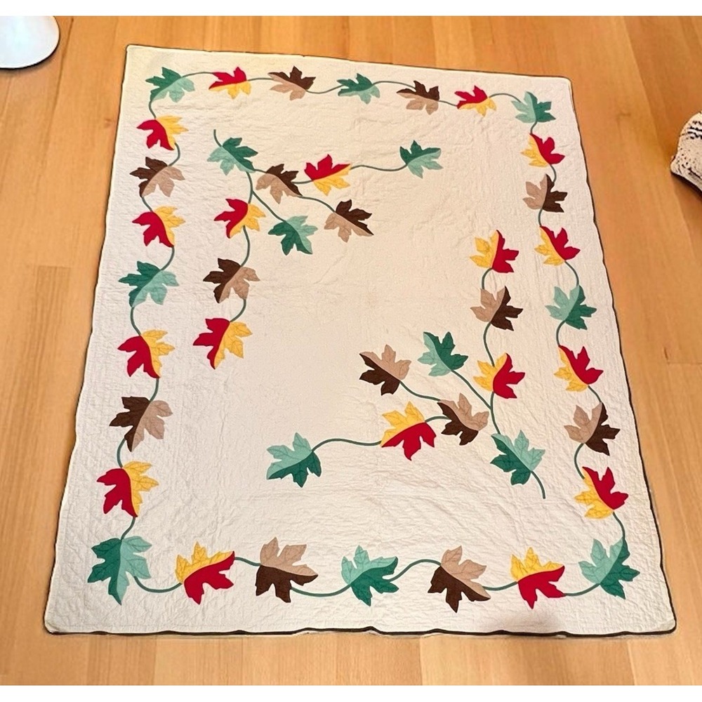 VIBRANT Vintage 40's Autumn Leaves Applique Antique‎ Quilt ~GREAT FALL COLORS!